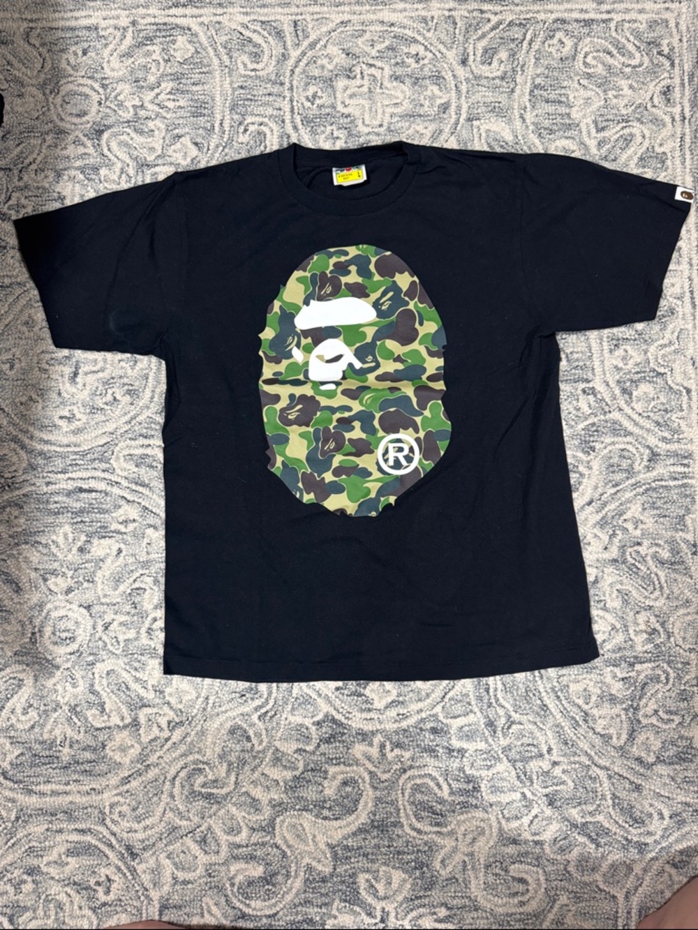 Bape Black Tee with Green Camo Ape Head Graphic